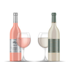 Rose Wine and White Wine Glasses and Wine Bottles