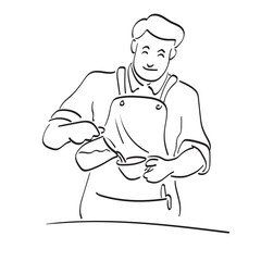 male barista pouring coffee on the cup illustration vector hand drawn isolated on white background line art.