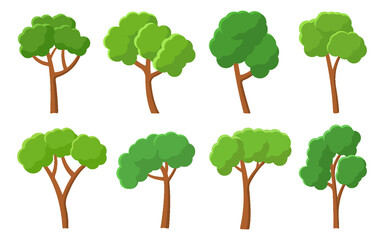 Green trees flat icon set. Forest foliage landscape floral outdoor element. Different shape botanical park cartoon plants. Natural ecology summer garden. Maple oak birch aspen ash isolated on white