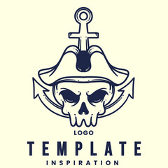 Emblem, logo template with human skull head. monochrome design element with skull