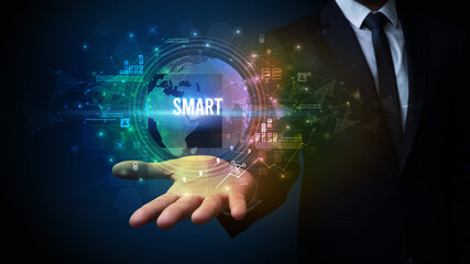 Elegant hand holding technology-related inscription