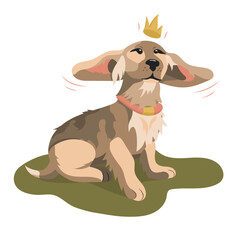 Dachshund with crown vector illustration. Dog with ears blowing in the wind on white background. Good design for animal shelter logo, shop pets, textile, t-shirt. Flat style.