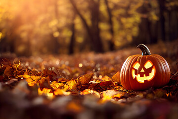 Halloween Jack-o-Lantern Pumpkin in Fall Autumn Leaves