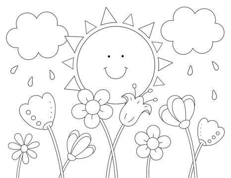 cute coloring page with garden flowers and a cartoon sun. you can print it on 8.5x11 inch paper