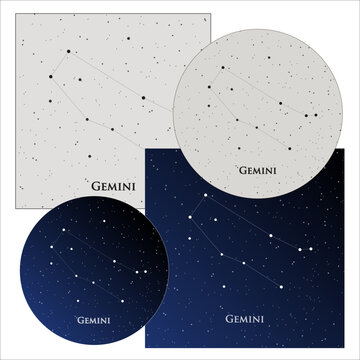 Astronomical constellation Gemini. Vector illustration of zodiac signs. On a dark and light background. Space and stars. Cosmos, galaxy, universe and horoscope design. For frames and wallpapers.