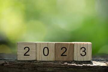 Wooden cubes with numbers 2023 on bokeh nature background.