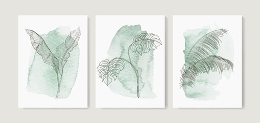 Watercolor art background in green tones with tropical leaves of monstera and palm trees in art line style. Botanical hand drawn print set for invitations, cover, wallpaper, poster, interior, decor. © VectorART