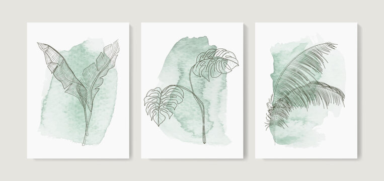 Watercolor art background in green tones with tropical leaves of monstera and palm trees in art line style. Botanical hand drawn print set for invitations, cover, wallpaper, poster, interior, decor.