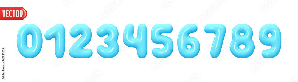 Poster Blue numbers from 0 to 9. Collection of voluminous inflated color numbers from balloon. Set of bright bubble spherical numbering figures. Elements in cartoon style. vector illustration