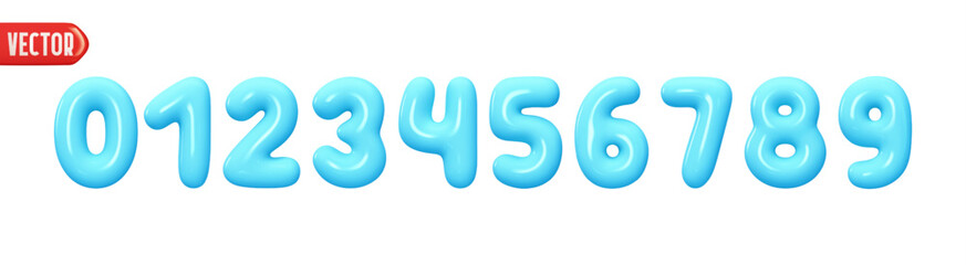 Blue numbers from 0 to 9. Collection of voluminous inflated color numbers from balloon. Set of bright bubble spherical numbering figures. Elements in cartoon style. vector illustration