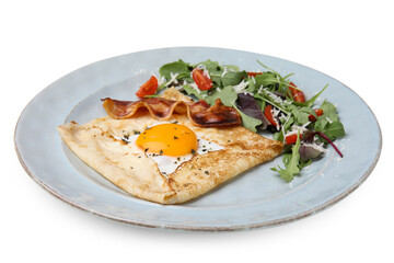 Delicious crepe with egg isolated on white. Breton galette