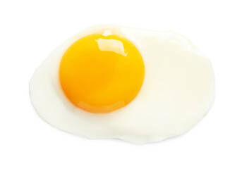 Tasty fried chicken egg isolated on white, top view