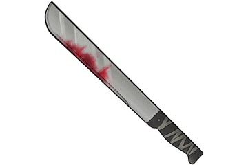 Machete with blood design, machete icon with a simple concept. Cartoon Machete. Wooden handled knife for chopping sugarcane Indian cane or bamboo, isolated on transparent background.