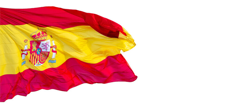Spanish flag waving in the wind - Shield of the kingdom of Spain.
