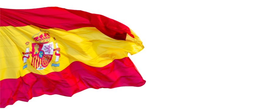 Spanish flag waving in the wind - Shield of the kingdom of Spain.
