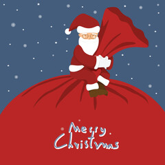 Vector illustration of a kind Santa Claus sitting on a big red bag over night sky background for Merry Christmas concept
