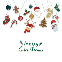 Vector illustration of hanging Christmas decoration objects on white background for Merry Christmas concept
