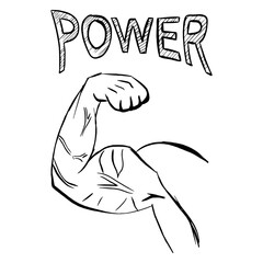 a hand drawn arm flexing his biceps. The inscription 