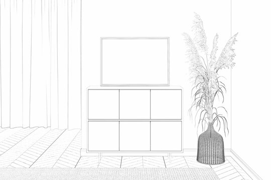 Sketch the cozy room with a horizontal poster on the sideboard, large ears of corn in a wicker vase, a carpet on the parquet floor, and a window with curtains in the background. Front view. 3d render