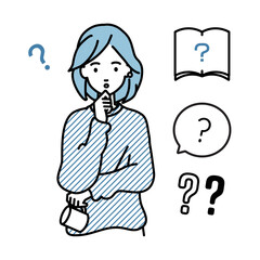 立って手をあごにあてて疑問を感じているリモートワークの女性 クエスチョンマークのセット