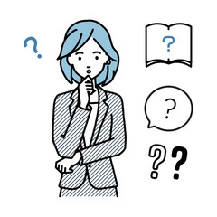 立って手をあごにあてて疑問を感じているスーツの女性 クエスチョンマークのセット