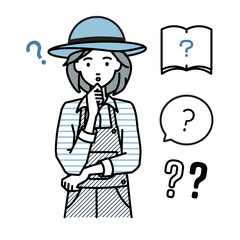 立って手をあごにあてて疑問を感じている農家の女性 クエスチョンマークのセット