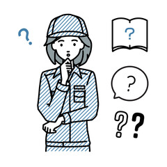 立って手をあごにあてて疑問を感じている作業員の女性 クエスチョンマークのセット