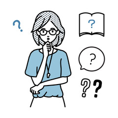 立って手をあごにあてて疑問を感じている教師の女性 クエスチョンマークのセット