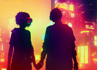 Loving couple. Cybercity. Neon Lights. Furute Humans. Mars Era. 