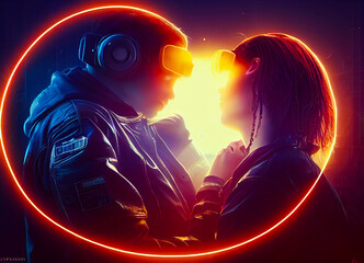Loving couple. Cybercity. Neon Lights. Furute Humans. Mars Era.