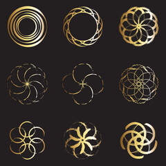 Collection of round abstract logos. Gold abstract icon
