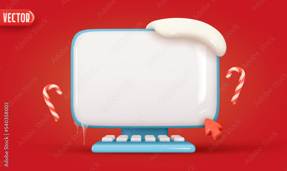 Poster computer template with blank screen display keyboard, on border of white snow and icicles. computer 