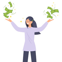 Happy girl wins the jackpot, dollar bills fall in a stack on the woman's hands. Lottery or casino winner, business success. Wealth and luck, rich man holding banknotes.Isolated female character vector