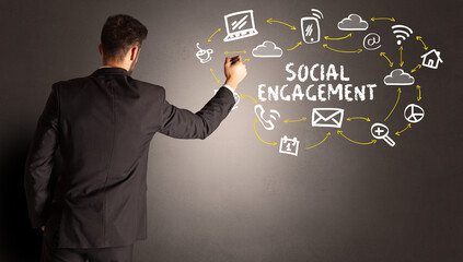 businessman drawing social media icons