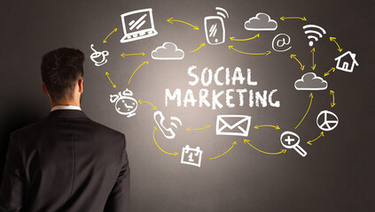 businessman drawing social media icons