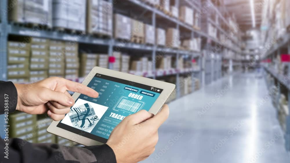 Poster warehouse management deft software in computer for real time monitoring of goods package delivery . 
