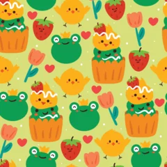 Fotobehang naadloze patroon cartoon kuiken en kikker. schattig dieren-, planten- en dessertbehang voor textiel, cadeaupapier © PIPIOREN