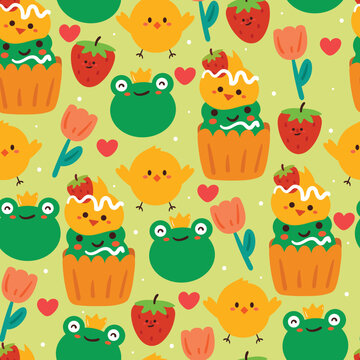 seamless pattern cartoon chick and frog. cute animal, plant and dessert wallpaper for textile, gift wrap paper