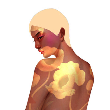 Woman covered by floral tattoos, a combination of female body and nature, surrealistic painting, digital illustration