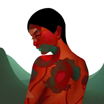 Woman covered by orange and green floral tattoos, a combination of female body and nature, surrealistic painting, digital illustration