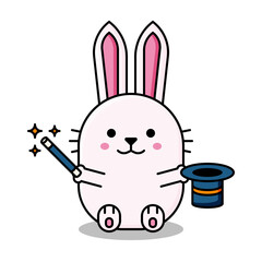 Cute magician rabbit cartoon character design. Rabbit holding magic hat and magic stick.