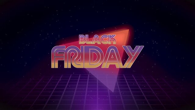 Black Friday with retro triangle and grid in dark galaxy, motion abstract holidays, retro and business style background