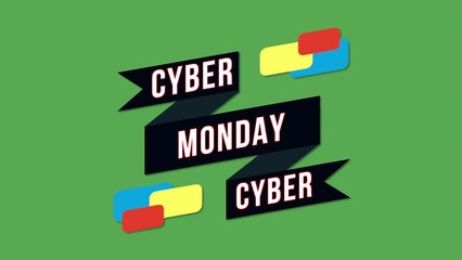 Cyber Monday with rainbow and colorful shapes on green gradient, motion abstract holidays, minimalism and promo style background