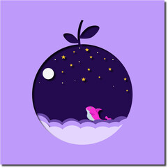 Ocean night paper cut with star, moon and dolphin