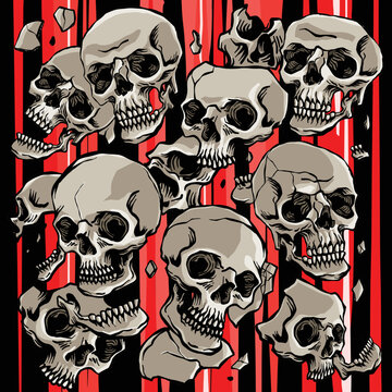 Falling human skulls skeletons comic art tattoo vintage style background texture graphics colorful
