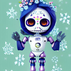 Fototapeta premium Day of the Dead Cute Robots, Dia de los Muertos, numerous androids with Day of the Dead festival markings and decorative flowers