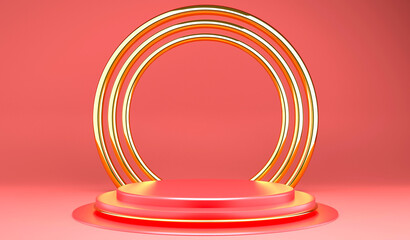 Obraz premium 3D rendering Christmas podium concept for product display and copy space on red background