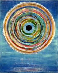 Abstract acrylic painting of colorful circles on blue background