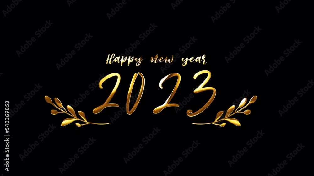 Poster 2023 happy new year golden text with light motion animation element effect on black background. 4k s