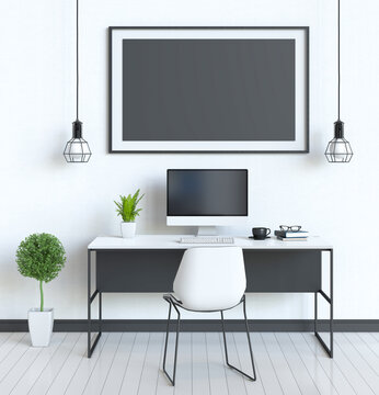 3D render interior living room workspace with desktop computer and mockup blank poster